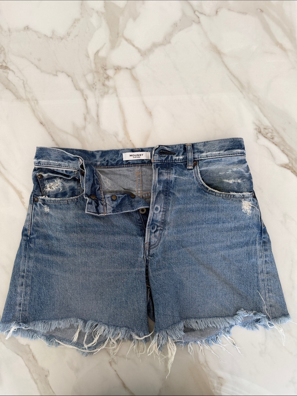 Moussy Light Blue Frayed Hem Denim Shorts